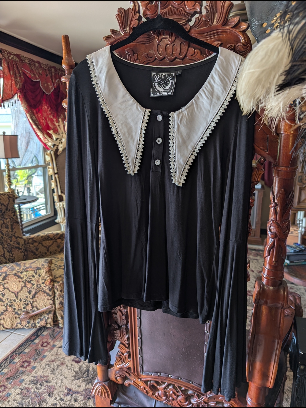 Killstar Black Long-Sleeve Top with White Scalloped Collar